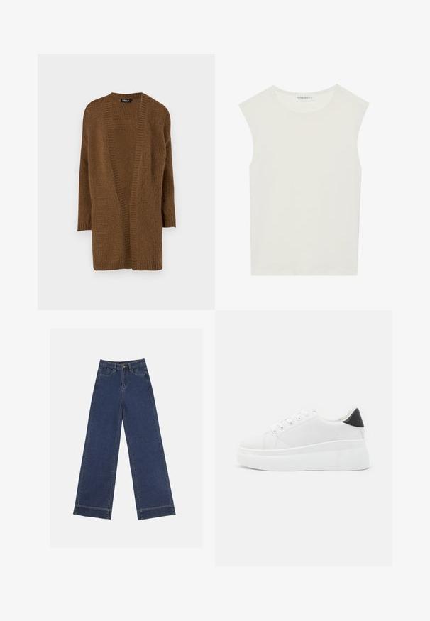 Hnedý pletený cardigan s otvoreným predným dielom, dlhými rukávmi a textúrovaným vzorom. Mäkký materiál a uvoľnený strih. Bez zapínania a ozdôb.; Biely bezrukávový top s okrúhlym výstrihom. Vyrobený z hladkého materiálu, má uvoľnený strih a minimalistický dizajn. Žiadne vzory alebo akcenty.; Džínsy s širokými nohavicami v tmavomodrom denime. Majú päť vreciek, pútka na opasok a surový spodný lem s viditeľnými švy.; Biele platformové tenisky vyrobené z hladkého syntetického materiálu, so zaoblenou špičkou, šnurovacím dizajnom a textúrovanou gumovou podrážkou. Čierny akcent na päte.