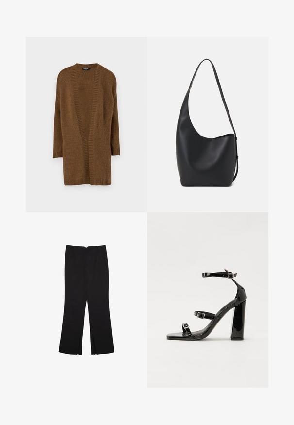 Brązowy dziany kardigan z otwartym przodem, długimi rękawami i fakturowanym wzorem. Miękki materiał i luźny krój. Bez zapięć i ozdób.; Czarny bezrękawnik crop top z gładkiego materiału, z okrągłym dekoltem i czystym, prostym wzornictwem, bez wzorów czy metalowych elementów.; Czarne spodnie o prostym kroju, z przednimi kieszeniami i bocznymi rozcięciami na dole. Wykonane z miękkiego, gładkiego materiału. Odpowiednie na różne okazje.; Czarne lakierowane sandały na obcasie z kwadratowym noskiem, z paskami wokół kostki i srebrnymi klamrami. Posiadają masywny słupek dla stabilności.; Czarna skórzana torba hobo o gładkiej fakturze, zaokrąglonym kształcie i pojedynczym, regulowanym pasku; posiada szerokie otwarcie na górze.