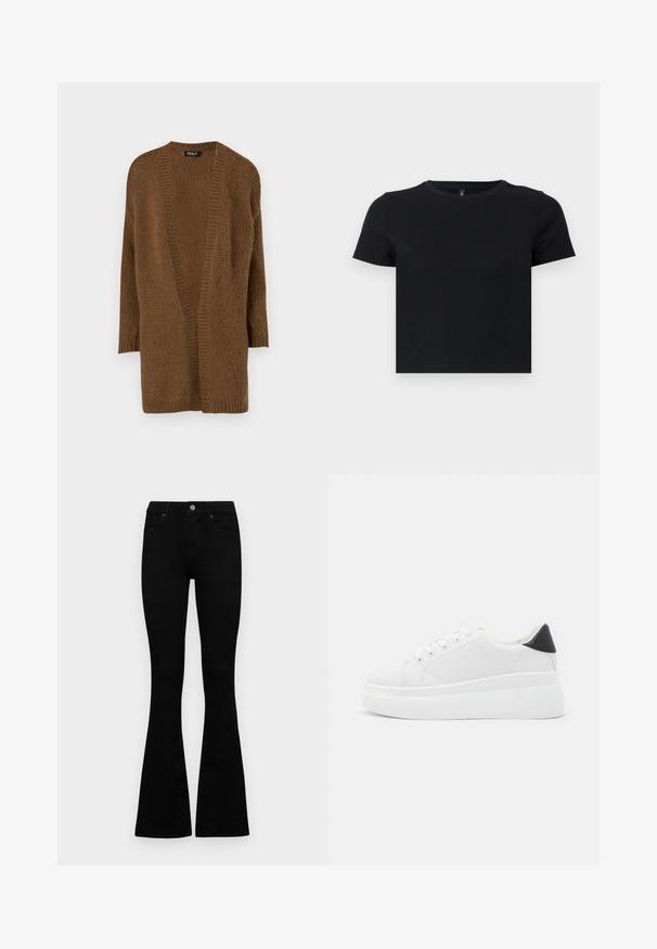 Pruun kootud kardigan avatud esiosega, pikkade varrukatega ja tekstuuriga mustriga. Pehme materjal ja lõdva istuvusega. Ilma kinnituste või kaunistusteta.; Must musta särk lühikeste varrukatega, valmistatud pehmest puuvillast. Omab ümarat kaelust ja kergelt liibuvat disaini. Sile tekstuur ilma mustrite või aksessuaarideta.; Mustad kõrge vöökohtadega teksad, millel on nööp ja lukuga sulgemine, esikäe taskud ja laienevad sääred, asetatud tasasele valgele taustale.; Valged platvormsneakerid, mis on valmistatud siledast sünteetilisest materjalist, ovaalse toe, paelkinnise disaini ja tekstuurse kummitaldiga. Must kontsrihm.
