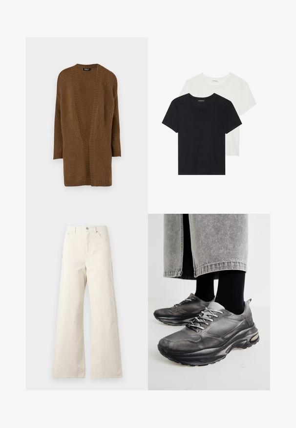 Brun strikket cardigan med åpen front, lange ermer og teksturert mønster. Mykt materiale og avslappet passform. Ingen lukkinger eller dekorasjoner.; To t-skjorter med korte ermer i svart og hvitt. Laget av myk bomull, med rund hals og standard passform med minimale sømdetaljer.; Beige vidde bukser laget av bomull, med frontknapping, sidelommer og en jevn tekstur. Minimalistisk design uten mønstre.; Sorte og grå treningssko har en mesh-overdel, tykke såler og snøring. De har en rund tå og synlige dempe detaljer.