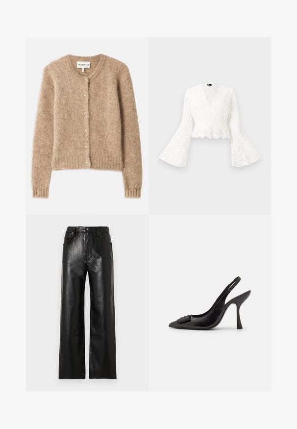 Beighe värvel, mis on valmistatud pehmest, tekstuuriga kangast, ümmarguse kaelusega, nööbiga sulgemisega, millel on väikesed pärlvideo aktsendid, ja ribatrepiga äär.; Valge pitsist lühike jakk kellukese varrukatega, lainelise hemiga ja sügava V-kaelusega kujundusega. Pehme tekstuur koos keerukate lillemotiividega.; Mustad läikiva viimistlusega laia säärega nahkpüksid, millel on ees taskud, lüpsi tõmblukk ja nööbiga kinnitus. Ühtlane sile tekstuur.; Must musta slingback kingad terava ninaga, kitsas kõrge kontsaga ja dekoratiivse lipsu aktsendiga. Sile tekstuur ja voolav disain.