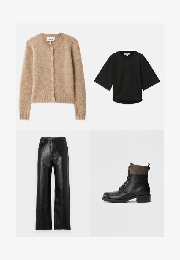 Bež kardigan iz mehkega, teksturiranega blaga s krošnjim izrezom, zapiranjem na gumbe, okrašenimi z manjšimi bisernimi detajli, in rebrastim robom.; Črna majica s kratkimi rokavi iz mehke bombažne tkanine, ki ima okroglo izrez in sproščen kroj z diskretnim gubanim detajlom na strani.; Široke hlače iz črnega usnja z bleščečim zaključkom, ki imajo sprednje žepe, zadrgo na sprednji strani in zapiranje na gumb. Povsod gladka tekstura.; Črne usnjene gležnjarje z vezalkami z okrasnim tekstilnim ovratnikom v rjavi barvi. Imajo zlate oči in blok pete. Vključena je tudi zanka za poteg.
