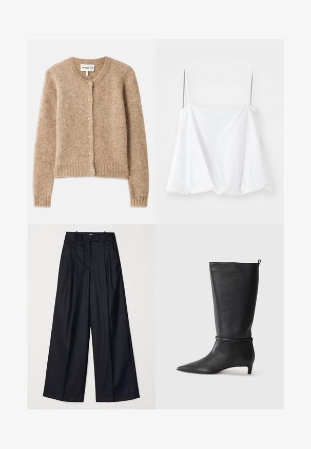 Béžový kardigan vyrobený z měkké texturované tkaniny s kulatým výstřihem, zapínáním na knoflíky s malými perlovými detaily a žebrovaným lemem.; Bílý top bez rukávů s tenkými ramínky, vyrobený z lehké látky. Disponuje volným střihem a nařasenou texturou na lemu.; Černé kalhoty s širokými nohavicemi vyrobené z hladkého materiálu, s vysokým pasem, sklady a přizpůsobeným střihem. Jednoduché černé kování v pase.; Černé kožené kozačky ke kolenům s špičatou špičkou, zdobené kulatým páskem kolem kotníku a nízkým, zužujícím se podpatkem. Hladký povrch.