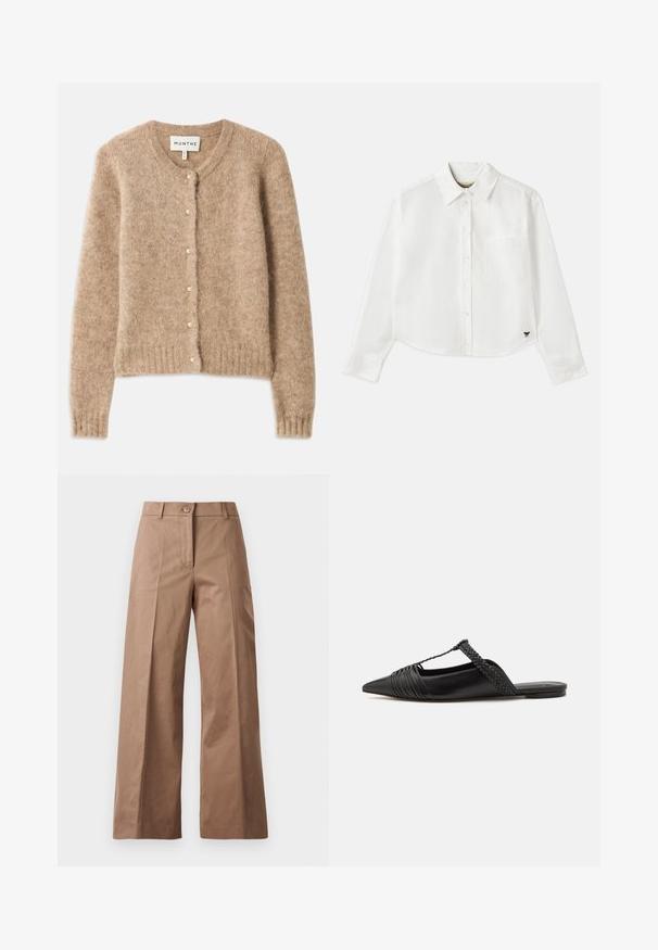 Beige k cardigan i mjukt, strukturerat tyg med rund halsringning, knäppning med små pärlbroderier och ribbad fåll.; Vit kortärmad skjorta med lång ärm i bomull. Har en knapp-up framsida, en bröstficka och en liten svart logotyp längst ner till vänster.; Bruna vida byxor i ett slätt tyg, med knappstängning fram, två framfickor och rena, skräddarsydda linjer.; Svart läderslingback-sko med spetsig tå, med en vävd detalj och plisserad överdel. Platt sula med minimal hårdvara.