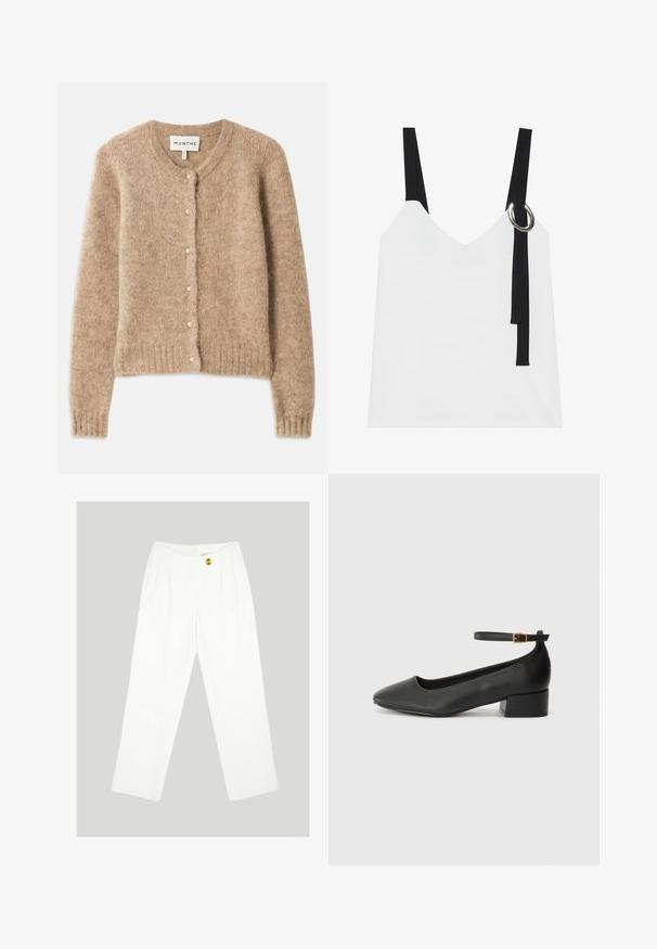 Béžový kardigan vyrobený z měkké texturované tkaniny s kulatým výstřihem, zapínáním na knoflíky s malými perlovými detaily a žebrovaným lemem.; Bílý top bez rukávů s výstřihem do V, vyznačující se černými pásky a stříbrným kroužkovým detailem. Hladký materiál a moderní, minimalistický design.; Bílé kalhoty s širokým střihem vyrobené z hladké látky. Mají zapínání na jeden žlutý knoflík a sklady na přední straně. Bez viditelných kapes.; Černé kožené lodičky s špičatou špičkou a nízkým blokovým podpatkem. Obsahují pásek kolem kotníku se zlatou sponou. Hladký povrch.