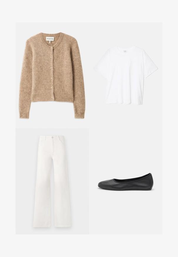 Beige neuletakki, joka on valmistettu pehmeästä, teksturoidusta kankaasta, jossa on pyöreä pääntie, nappikiinnitys, jossa on pieniä helmiripsuja, ja ribbaushelma.; Valkoinen puuvillapaita lyhyillä hihoilla, pyöreällä pääntiellä, rentoa tyyliä ja ommeltu helma. Tunniste näkyvissä sisäkauluksessa.; Valkoiset, korkeavyötäröiset ja leveälahkeiset farkut, jotka on valmistettu denimkankaasta. Ominaisuuksiin kuuluu napp closure, kaksi etutaskua ja sivusaumojen ompeluyksityiskohdat.; Musta nahkainen ballerina, jossa on pyöristetty kärki, sileä pinta, minimaalinen ommelkoristelu ja joustava pohjamuotoilu.