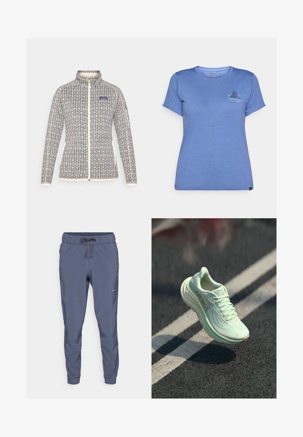 Naiste tõmblukkudega jakk kreemi- ja tumesinise geomeetrilise mustriga. Omab kõrget krae, küljetaskuid ja kontrastset äärist koos logo jaotisega.; Patagonia DAILY GRAPHIC LANDS - Spordi T-särk - blue; Patagonia TERREBONNE JOGGERS - Õuepüksid - smolder blue; HOKA jooksujalats heledas piparmündirohelises, millel on tekstureeritud võrkkangast pealis, ümar varvas, pehmendatud tald ja silmapaistev logo küljel.
