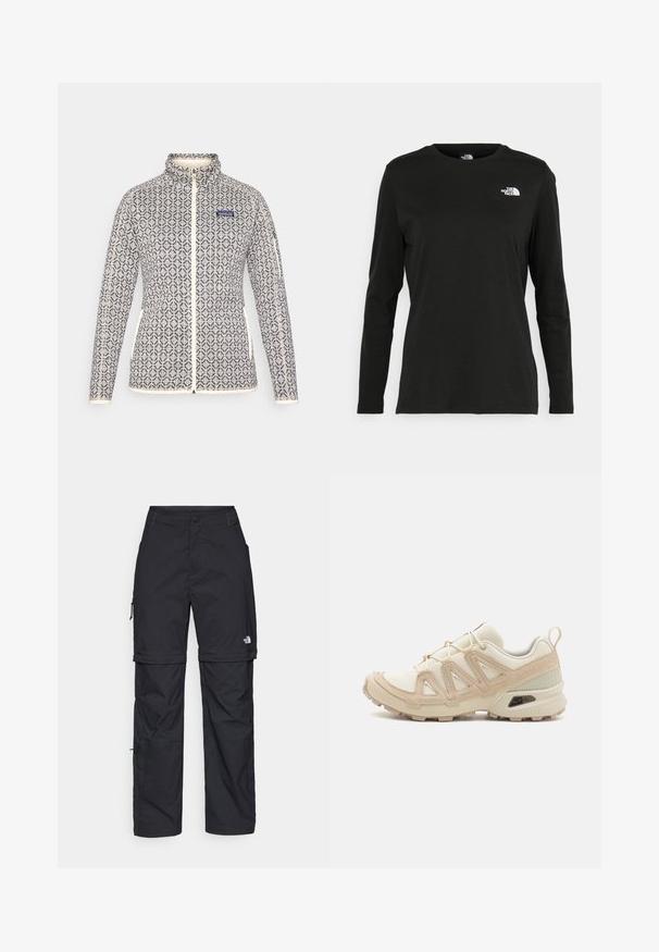 Casaco feminino com fecho em creme e padrão geométrico em azul marinho. Apresenta um colarinho alto, bolsos laterais e acabamentos contrastantes com o logótipo.; T-shirt preto de mangas longas, feito de algodão, com decote redondo. Apresenta um pequeno logótipo branco na área esquerda do peito. Design simples e ajuste confortável.; Calças cargo pretas em nylon com fechos de correr removíveis, punhos ajustáveis, múltiplos bolsos e um logótipo na perna direita. Textura suave e leve.; Sapatilha atlética beige e creme com parte superior em malha texturizada, sobreposições de suporte e sola de borracha com um padrão de cravo para tração.
