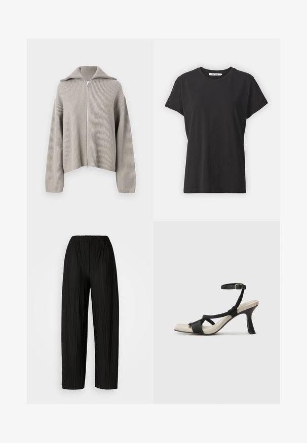 Světlá šedá žebrovaná mikina na zip s rozloženým límcem a spadnutými rameny. Obsahuje texturovanou látku a zkrácený střih.; Černé bavlněné tričko s klasickým kulatým výstřihem, krátkými rukávy a volným střihem. Hladká textura, žádné viditelné vzory nebo akcenty.; Černé široké kalhoty se sklady a elastickým pasem. Tkanina má vertikální sklady a hladkou texturu.; Černé sandály na podpatku s pleteným designem pásku, čtveratou špičkou a nastavitelným páskem kolem kotníku. Světle béžová stélka s lesklým černým podpatkem.