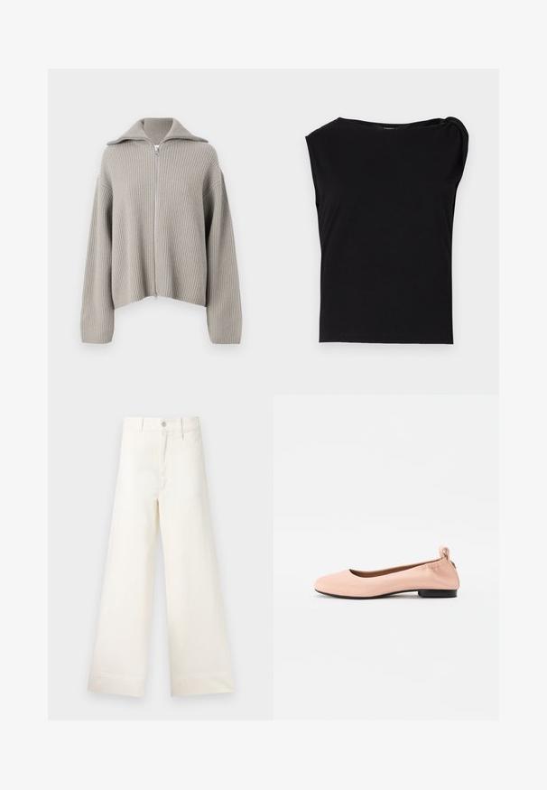 Light grey ribbed zip-up sweater with a spread collar and dropped shoulders. Features a textured fabric and a cropped design.; Black short-sleeve top made of smooth fabric. Features a round neckline and draped detail on the shoulder. Simple, fitted design.; Wide-leg trousers in light beige cotton. Features a high waist, front pockets, and a straight cut. Clean hem finishing without patterns.; Pale pink ballet flats made of smooth material with a rounded toe, a flexible back, and a small black heel.