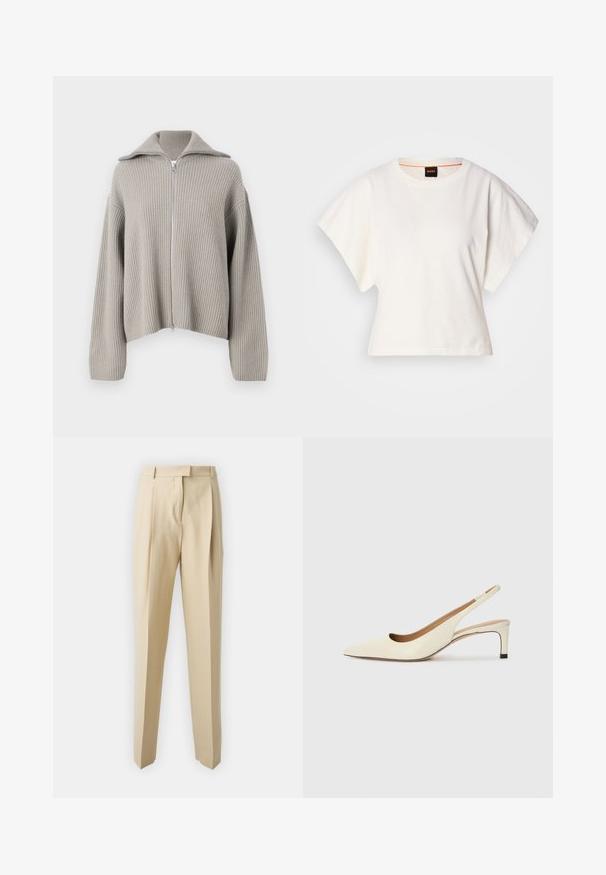 Gaišs pelēks ribots zip-up svārkstus ar izkliedētu kaklu un noliektiem pleciem. Iezīmēta ar teksturētu audumu un īsu dizainu.; Balts īsais T-krekls, plašas īsas piedurknes, mīksts kokvilnas materiāls, apaļa kakla izgriezums ar delikātu oranžu apdari, minimāls dizains, bez rakstiem vai grafikām.; Bežīgas pielāgotas bikses ar taisnu griezumu, ar krokām, jostu un gludu faktūru. Nav redzamu kabatu vai rotājumu.; Asimtais pirksta siksnas kurpes off-white ādas, ar zemu papēdi un izgrieztu dizainu, gluda tekstūra un minimāli akcenti.