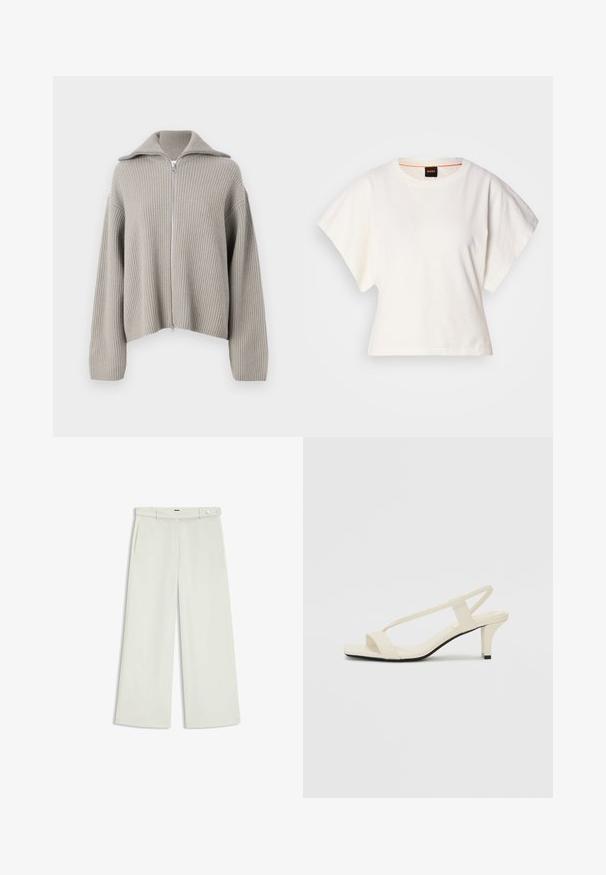 Light grey ribbed zip-up sweater with a spread collar and dropped shoulders. Features a textured fabric and a cropped design.; White cropped T-shirt, short wide sleeves, soft cotton material, round neckline with subtle orange trim, minimal design, no patterns or graphics.; Wide-leg pants in light cream fabric, featuring side pockets, a flat front, and a single button closure at the waist. Smooth texture.; Beige block-heeled sandals with thin straps and a square toe. Smooth material with minimal detailing, designed for easy wear.