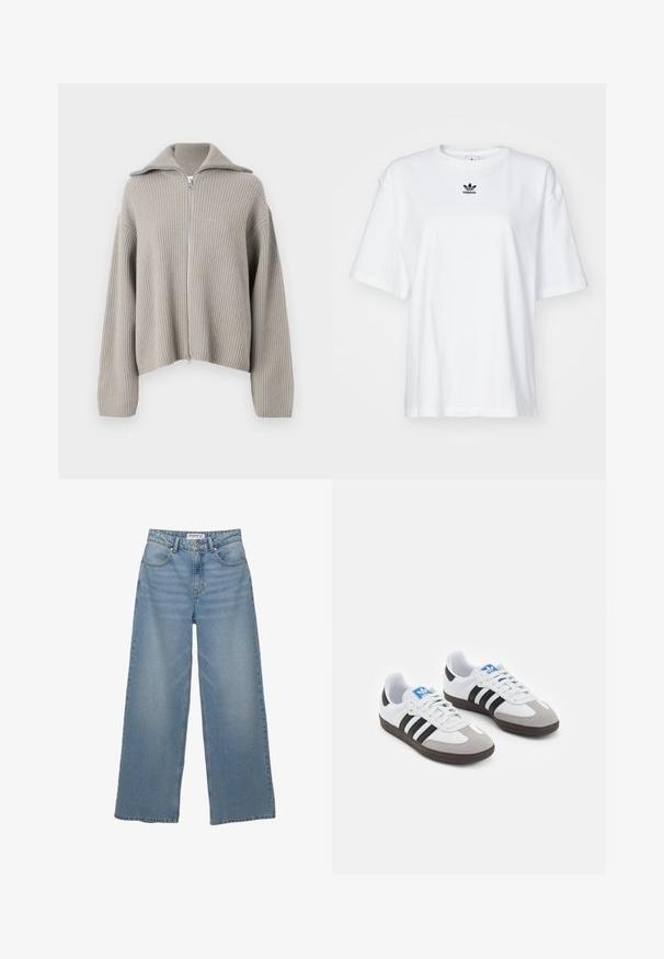 Pull en maille côtelée gris clair, zippé, avec un col évasé et des épaules tombantes. À noter un tissu texturé et une coupe cropped.; T-shirt blanc à manches courtes en coton. Avec un col rond et un petit logo Adidas noir sur la poitrine. Ourlet droit.; Jeans en denim bleu clair à jambes larges. Présente une taille haute, cinq poches et une coupe droite avec un léger délavage.; Baskets avec une tige en cuir blanc, un bout en daim gris et trois bandes noires. Présente un logo bleu sur la languette et une semelle en caoutchouc texturée.