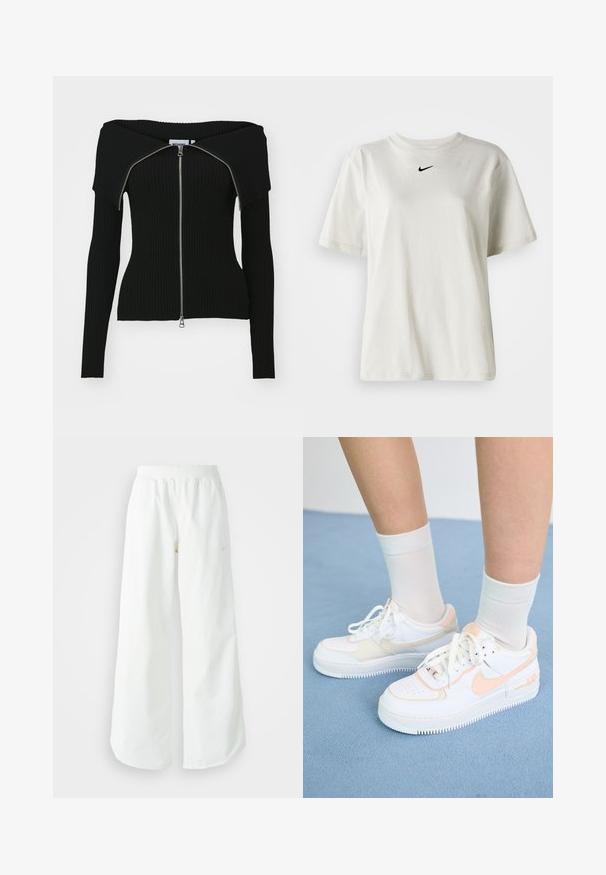 Weekday VANNA OFF SHOULDER ZIP CARDIGAN - Kardigan - black; Valge puuvillane T-särk, millel on ümmargune dekoltee ja lühikesed varrukad. Rinnal on väike must Nike logo. Lihtne ja kaunistusteta disain.; Valged laiad spordipüksid, ribadega vöökoht ja diskreetne logosümbol. Sile kangas, lõdvestatud istuvus ja kitsenev ääreosa.; Valged tossud virsiku aktsentidega, siledast nahast ülemine osa, perforatsiooni mustri pool, tekstureeritud talla ja paeltega. Kantud valgete lühikeste sokkidega sinisel pinnal.