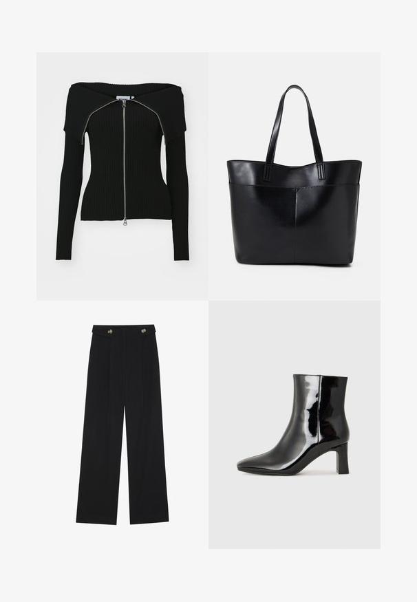 Weekday VANNA OFF SHOULDER ZIP CARDIGAN - Cardigan - black; Top negru cu mânecă lungă, cu mansete evazate, textură moale și croială lejeră, având un guler rotund simplu.; Pantaloni negri cu picioare largi, talie înaltă, detalii cu butoane pe talie și pliseuri în față.; Botine negre din piele lacuită, cu vârful ascuțit și toc bloc de înălțime medie. Textură netedă și design minimalist.; Geantă oversized din piele neagră, cu două mânere lungi, de textură netedă și formă structurată. Are un buzunar frontal pentru stocare suplimentară.