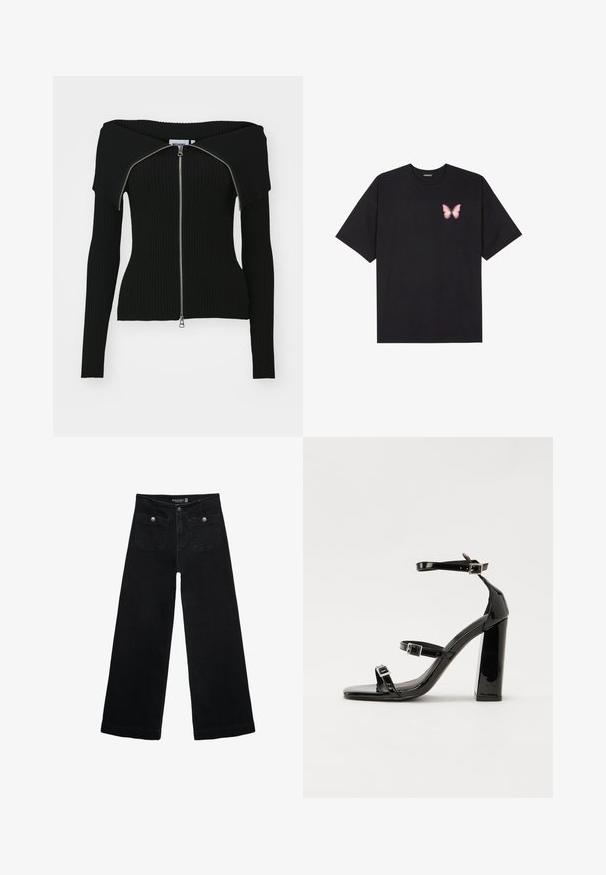 Weekday VANNA OFF SHOULDER ZIP CARDIGAN - Neuletakki - black; Musta puuvillapaita lyhyillä hihoilla, jossa on pieni vaaleanpunainen perhosgrafiikka vasemmassa rinnassa. Pyöreä kaula-aukko ja rento istuvuus.; Mustat leveälahkeiset farkut korkean vyötärön kanssa, joissa on kaksi etutaskua ja metalliset nappikoristeet. Kangas on sileä.; Musta kiiltävä korkokenkä sandaalit neliönmuotoisella varpaalla, nilkkaremmillä ja hopeisilla soljilla. Varustettu tukevalla lohkokorkealla vakauden takaamiseksi.