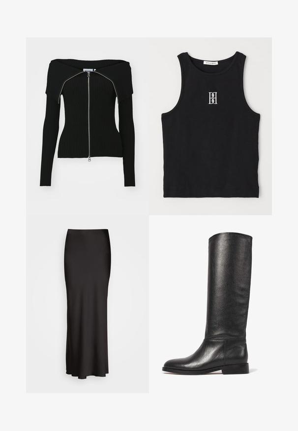 Weekday VANNA OFF SHOULDER ZIP CARDIGAN - Kardiganas - black; Juodas raštuotas lieknas marškinėliai su apvalia iškirpte ir balta siuvinėta logotipu. Medžiaga yra glotni su pritaikytu siluetu.; Juodas, grindų ilgio satino sijonas su lygiu paviršiumi, prigludusia juosmens juosta ir A formos siluetu, neturintis matomų dekoracijų ar raštų.; Kelio ilgumo juodos odos batai su tekstūruota danga, apvalia nosimi, lygiu auliuku ir žemu stambiu kulnu. Minimalistinis dizainas, jokių matomų detalių.