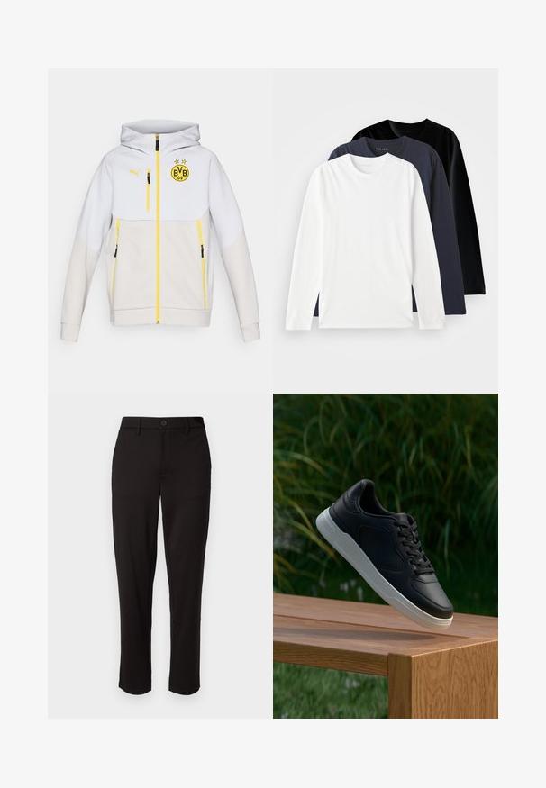 Valge ja heledashall kapuutsiga jaki, millel on kollased lukud, logo rinnal ja mustad aktsendid taskutel ja varrukatel.; Kolme pika varrukaga T-särkide virna: üks valge, üks tume meresinine ja üks must. Valmistatud siledast puuvillast, ümmarguste kaelustega ja külgsed avad.; Mustad mustad kerge kangaga püksid, sirge säärega, ees nupuga sulgemisega, vöökoha silmadega ja küljetaskutega.; Must musta valge tald, rippumas puidust pingilt, rohelised lehestikud uduses taustas.