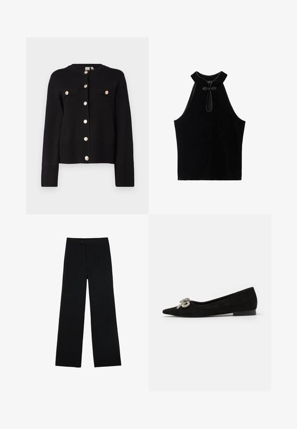 YAS YASPIMI - Kardigan - black; Černý bezramenní top vyrobený z sametu, s vysokým límcem a dekorativní mašlí na výstřihu. Hladká textura a jednoduchý design.; Černé kalhoty širokého střihu vyrobené z hladkého materiálu, s předním zapínáním na knoflík a dvěma sklady pro zvýraznění detailu. Celkově střižený design.; Černé semišové baleríny s špičatou špičkou, zdobené dekorativním stříbrným mašlí na přední straně, s nízkým podpatkem.