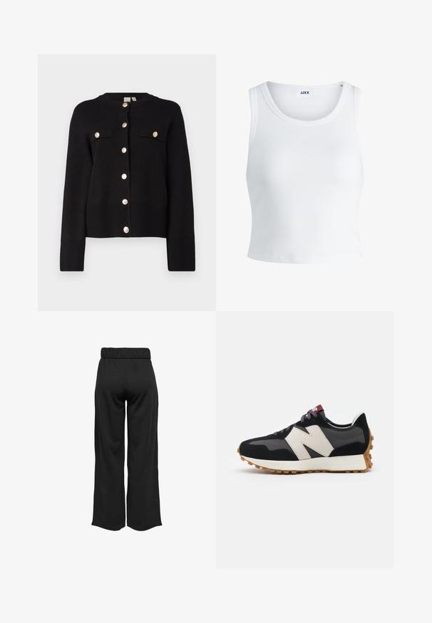 YAS YASPIMI - Neuletakki - black; Valkoinen ribbattu hihaton toppi, jossa on pyöreä pääntie ja lyhyt malli. Tunnuslukuna lukee "JJXX". Sujuva kangas.; Mustat, leveälahkeiset housut, joissa on joustava vyötärö, valmistettu sileästä kankaasta. Ominaisuuksia ovat puhdas muotoilu ilman taskuja tai näkyviä ompelusaumoja.; Mustat ja harmaat mokkakenkä, jossa on suuri kermanvärinen "N"-logo, violetit nauhat ja teksturoitu kumipohja.