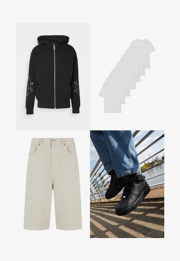 Melnā kapucēta jakā ar rāvējslēdzēju, izgatavota no kokvilnas maisījuma, ar zirneklīša tīkla druku uz abām piedurknēm. Tam ir plaša kapuce un priekšējās kabatas.; Baltie kokvilnas T-krekli, īsas piedurknes, apaļas izgriezuma dizains, vienkārša tekstūra, sakrauti rindā, ar smalku zīmolu pie kakla izgriezuma.; Beige džinsu šorti ar taisnu griezumu, priekšējo pogu aizdari un četriem kabatām. Audumam ir gluda tekstūra un minimālas šuvju detaļas.; Melni Nike Air Force 1 sporta apavi ar ādas virsu, sietiņa valodziņu un gumijas zoli, ar augstu dizainu un biezām šņorēm.