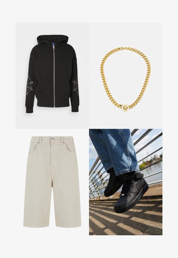 Must mustaga, mis on valmistatud puuvilla segust, funktsioonidega ämblikuvõrgu printidega mõlemal varrukal. Omab avarat kapuutsi ja eesmine taskud.; Kolm valget ribaga t-särki, mis on valmistatud puuvillast. Omavad ümmargust kaelanõhku ja väikseid musti silte hemme lähedal. Saadaval erinevates suurustes.; Beige denim lühikesed püksid otseküljega, ees nööpkinnitusega ja nelja taskuga. Kangas on sileda tekstuuriga ja minimaalsete õmblustetailidega.; Mustad mustad Nike Air Force 1 sneakerid nahast pealsega, mestist keelaga ja kummist tallaga, millel on kõrge disain ja paksud paelad.; Kuldne kett kaelakee suurte omavahel ühendatud linkidega, mille keskel on ringikujuline ripats, millel on kõrgendatud emblem.