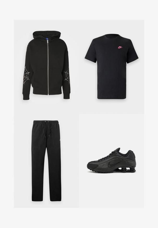 Zwarte ritshoodie gemaakt van een katoenmix, met spinnenwebprints op beide mouwen. Heeft een ruime capuchon en voorkanten.; Zwarte katoenen T-shirt met een ronde halslijn en korte mouwen. Bevat een roze Nike-logo aan de bovenkant aan de linkerzijde. Glad textuur.; Zwarte sweatpants van fleece, met een elastische tailleband met trekkoorden, twee voorzakken en een klein logo op de dij.; Zwarte hardloopschoenen met een glad bovenwerk van synthetisch materiaal, geperforeerde accenten, gestructureerde zijpanelen en een opvallende veerkrachtige zool.