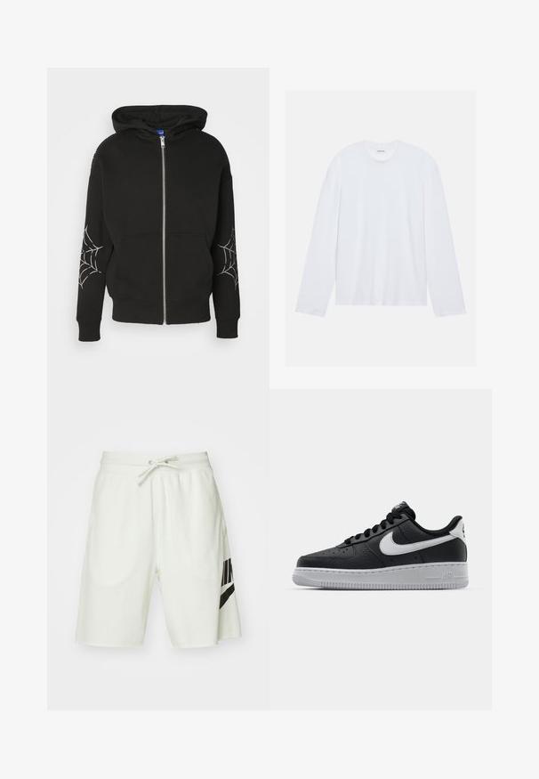 Hoodie noir zippé en mélange de coton, avec des imprimés de toile d'araignée sur les deux manches. Dispose d'une capuche spacieuse et de poches avant.; T-shirt blanc à manches longues en coton. Il présente un col rond classique et des coutures d'épaule tombantes, avec une texture lisse et unie.; Shorts en coton gris clair avec une taille élastique, un cordon de serrage ajustable et un logo Nike noir sur le côté gauche.; Baskets en cuir noir avec surface texturée, swoosh Nike blanc, semelle grise, bout rond et design à lacets. Comprend des perforations sur la boîte à orteils.