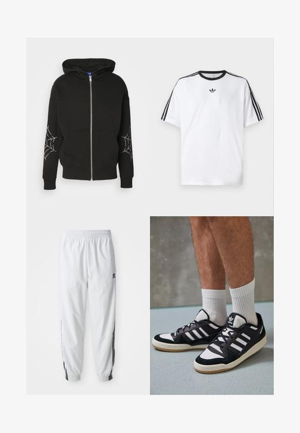 Schwarze Baumwollmischung-Hoodie mit Reißverschluss, der über Spinnennetzdruck auf beiden Ärmeln verfügt. Hat eine geräumige Kapuze und Fronttaschen.; Weißes T-Shirt aus Baumwolle mit einem schwarzen, runden Halsausschnitt und drei schwarzen Streifen auf jeder Schulter. Kleines schwarzes Logo auf der Brust.; Weiße Sporthose mit schwarzen Seitenstreifen, elastischem Taillenbund und Bündchen; mit Adidas-Logo am linken Oberschenkel. Glatte Stoffstruktur.; Schwarz-weiße Sneaker mit einem Obermaterial aus Wildleder und Leder, ausgestattet mit drei weißen Streifen, einer perforierten Zehenpartie und einer Sohle aus Gummi.