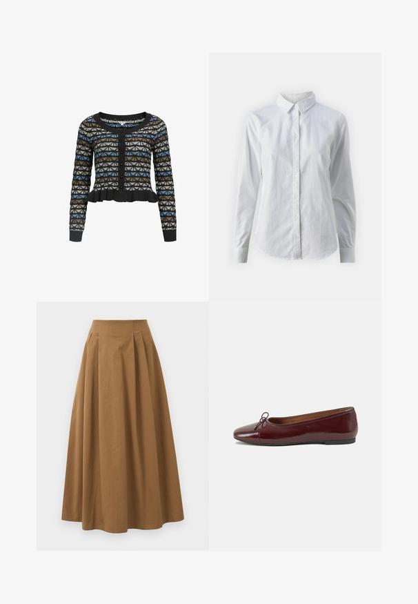 Melnā kardigāna ar ģeometrisku rakstu zilos, brūnos un baltos toņos. Tam ir garas piedurknes, apaļa kakla atvēruma forma un frillēta apakšmala.; Balta pogājamā krekla augšdaļa, izgatavota no gluda kokvilnas, ar klasisku apkakli, garām piedurknēm un izliekto apakšmalu. Pogas ir mazas un baltas.; Brūna kokvilnas A formas svārki ar augstu jostasvietu, kurai priekšā ir krokas un gluda tekstūra. Apakšmala ir tīra un vienkārša.; Burgundijas laku ādas baleta kurpes ar noapaļotu purngalu, nelielu loku akcentu priekšā un zemu melnu gumijas zoli. Gluda tekstūra.