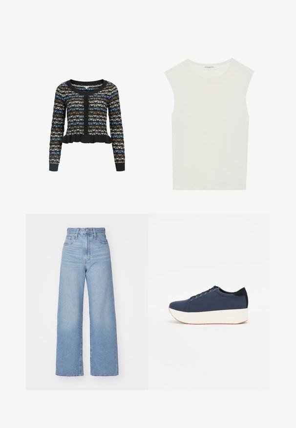 Sort cardigan med et geometrisk mønster i blå, brun og hvid. Den har lange ærmer, en rund halsudskæring og en Volangkant.; Hvid ærmeløs top med rund halsudskæring. Lavet af glat stof, har den en afslappet pasform og minimalistisk design. Ingen mønstre eller accenter.; Lyseblå højtaljede bukser med bred benåbning, med frontknap og lynlås, samt for- og baglommer, på en hvid baggrund.; Mørkeblå sneakers med en struktureret stofoverdel, hvid platformssål, rund tå og sort hælakkent. Har seks snøreøjer til snørebånd.