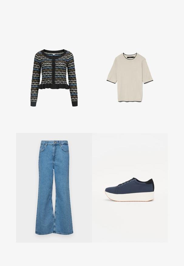 Sort cardigan med et geometrisk mønster i blå, brun og hvid. Den har lange ærmer, en rund halsudskæring og en Volangkant.; Kortærmet, lyse beige T-shirt med rund hals og kontrasterende sort kant ved halsudskæringen og ærmerne, præsenteret fladt.; Lysblå flagrende jeans lavet af denim, med høj talje, fem lommer og en enkelt knaplukning. Blød tekstur med en falmet finish.; Mørkeblå sneakers med en struktureret stofoverdel, hvid platformssål, rund tå og sort hælakkent. Har seks snøreøjer til snørebånd.