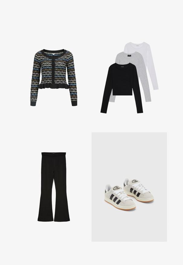Cardigan nero con un motivo geometrico in blu, marrone e bianco. Ha maniche lunghe, un collo rotondo e un orlo arricciato.; Tre magliette a maniche lunghe impilate: nera, grigia e bianca. Ognuna ha un colletto rotondo e un design accorciato con tessuto morbido e leggero.; Leggings a zampa nera realizzati in un tessuto elasticizzato. Presentano una vita alta e una superficie liscia, con una silhouette aderente che si ampia all'orlo.; Sneakers in suede grigio con lacci bianchi, strisce nere e suola in gomma bianca. Presentano un logo circolare sulla linguetta e una suola in gomma.