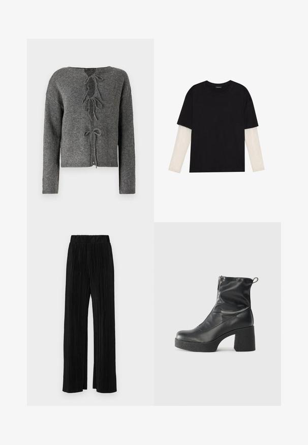 Sweater cinzento de malha com mangas longas, decote arredondado e costas abertas com detalhes de laço. Textura suave e design cropped.; T-shirt preta de algodão, com mangas curtas sobre uma camada de mangas longas branca com um padrão texturizado subtil. Design de decote redondo.; Calças pregueadas pretas com uma cintura elástica. Apresentam pernas largas e um tecido liso, texturizado com riscas verticais.; Botas de tornozelo pretas feitas de couro liso, com fecho lateral, salto grosso texturizado e design de bico arredondado.