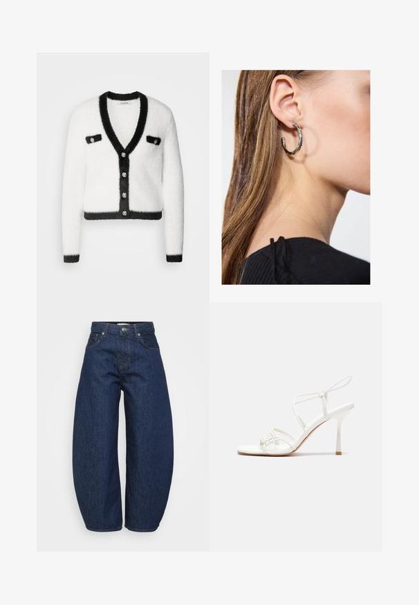 Morgan Cardigan - off white/noir; Two cotton crop tops in white and black. Each has a deep neckline and thin shoulder straps, featuring a smooth, soft texture.; High-waist dark blue denim jeans with wide legs, front button and zipper closure, and classic five-pocket design.; White strappy high-heeled sandal with a flat toe base, textured front with gathered accents, and a slim ankle strap.; Silver hoop earring with a polished finish, featuring small gold accent details and a round shape, worn on the lobe.