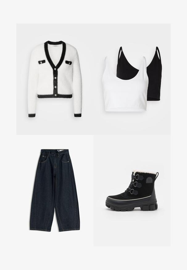 Morgan Cardigan - off white/noir; Two cotton crop tops in white and black. Each has a deep neckline and thin shoulder straps, featuring a smooth, soft texture.; Dark denim wide-leg trousers with a drawstring waist, five pockets, and contrast stitching. Smooth texture and loose fit design.; Black waterproof boots with suede upper, faux fur lining, three eyelet lace system, thick rubber outsole, and contrasting white trim.