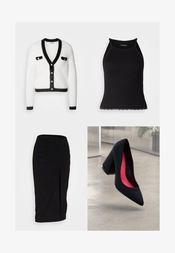 Morgan Kardigán - off white/noir; Čierny rebrovaný top bez rukávov so zvlneným čipkovým lemovaním na spodnom leme. Má tenké ramienka a priliehavý strih. Vyrobené z elastického materiálu.; Čierna, riasená ceruzková sukňa s viazaním a bočným rozparkom. Vyrobená z elastického materiálu, s hladkou textúrou a priliehavým dizajnom.; Čierna lodička na vysokom opätku s špicatou špičkou, štruktúrovaným povrchom a živým ružovým interiérom. Obsahuje robustný opätok so strieborným akcentom.