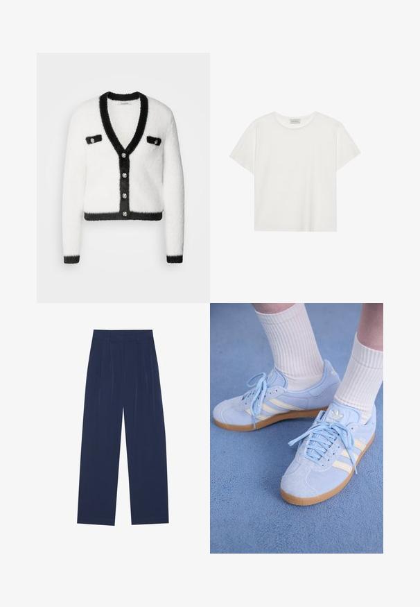 Morgan Adīta jaka - off white/noir; Balts īsām piedurknēm T-krekls, kas izgatavots no mīksta kokvilnas. Tam ir apaļš izgriezums un brīvs piegriezums. Tīrs dizains bez redzamām rakstiem vai akcentiem.; Tumši zili platleņķa bikses, kas izgatavotas no mīksta auduma, ar priekšējo krokām, gludu tekstūru un taisnu piegriezumu bez redzamām kabatām.; Gaiši zila zamšādas sporta apavi ar baltām svītrām, plakaniem šņorēm un gumijas zoli. Virs potītes ir uzvilktas ribotas baltas zeķes.