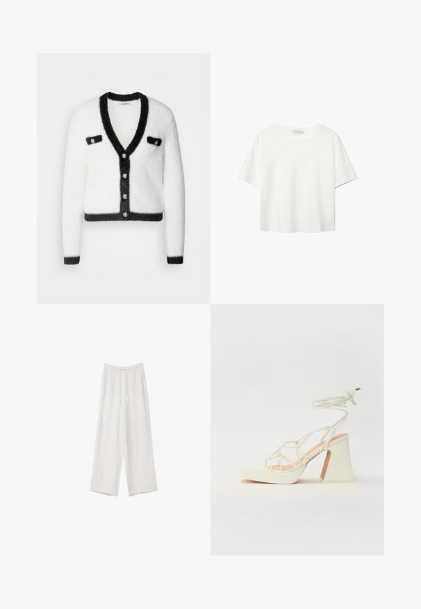 Morgan Strickjacke - off white/noir; Weißes T-Shirt mit kurzen Ärmeln aus Baumwolle. Hat einen Rundhalsausschnitt und eine lockere Passform. Glatte Textur ohne sichtbare Muster oder Akzente.; Weiße weit geschnittene Hose aus leichtem Stoff. Mit einem elastischen Bund und Kordelzug sowie Seitentaschen. Glatte Textur.; Weiße High-Heel-Sandale mit einem klobigen Absatz, die über ein Riemchendesign und ein Knöchelband verfügt. Glatte Textur mit einer Plattform vorne für zusätzliche Höhe.