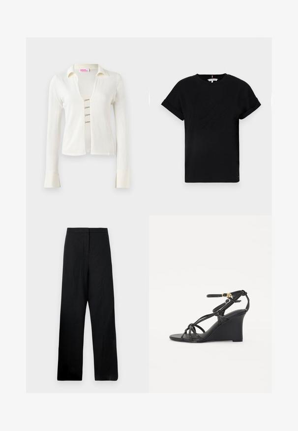 Gari, krēms krāsas garām piedurknēm, ar V veida kakla izgriezumu, trim dekoratīvām priekšējām aizdarēm un piedurkņu mežģīņu izgriezumu.; Melns kokvilnas T-krekls ar sarullētām īsām piedurknēm, centrā ir izcilināts logo un neliels karoga akcents sānos.; Melni plaši bikses, kas izgatavotas no viegla auduma. Tām ir gluda tekstūra, augsta josta un minimālas šuvju detaļas.; Melni klinveida sandales ar plānām, krustveida siksniņām un regulējamu potītes siksnu ar zelta sprādzi. Gluda ādas apdare.