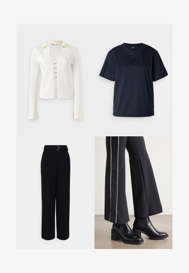 Hosszú ujjú, krémszínű kardigán V-nyakkal, három díszítő elülső záródással és hasított részletekkel ellátott mandzsettákkal.; Sötétkék, rövid ujjú póló, puha pamutból készült. Kerek nyakkivágással és egy diszkrét hímzett logóval rendelkezik a mellrészen.; Fekete, testre szabott nadrág, széles szárű sziluettel, ezüst csattal ellátott övvel, pliszékkel és sima textúrával.; Fekete bőr bokacsizma, tömbsarkúval, oldalán rugalmasszal ellátott panelek találhatók. Fekete nadrággal párosítva, amelynek fehér oldalsávja van.