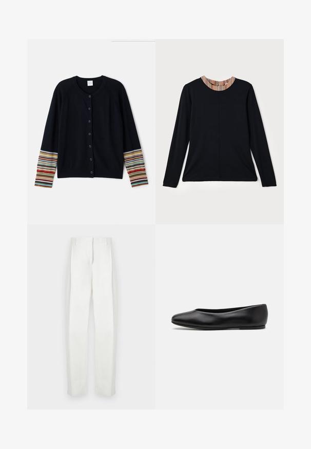 Cardigan blu navy con scollo rotondo, bottoni frontali e maniche lunghe, impreziosito da accenti a righe multicolori sui polsini.; Top lungo nero a maniche lunghe con scollatura rotonda, caratterizzato da un accento multicolore a righe sul colletto. Tessuto liscio con una vestibilità comoda.; Paul Smith Pantaloni - white; Paul Smith TOPANGA - Ballerine - black