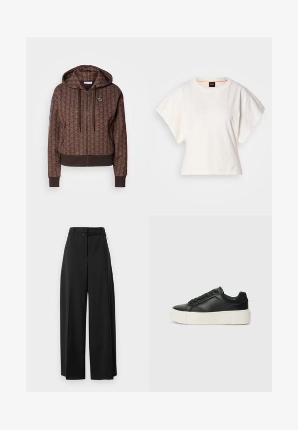 Hnedá mikina na zips s celoplošným geometrickým vzorom, nastaviteľnými šnúrkami, zúženými manžetami a kontrastným lemom. Logo Lacoste na hrudi.; Biely skrátený tričko, krátke široké rukávy, mäkký bavlnený materiál, okrúhly výstrih s jemným oranžovým lemovaním, minimalistický dizajn, bez vzorov alebo grafiky.; Čierne široké nohavice s vysokým pásom a opaskom. Majú hladkú textúru a čisté línie, sú navrhnuté pre ležérny strih.; Čierne kožené tenisky s okrúhlou špičkou, bielou platformou a čiernymi šnúrkami. Obsahujú diskrétnu logo na päte a hladkú textúru.