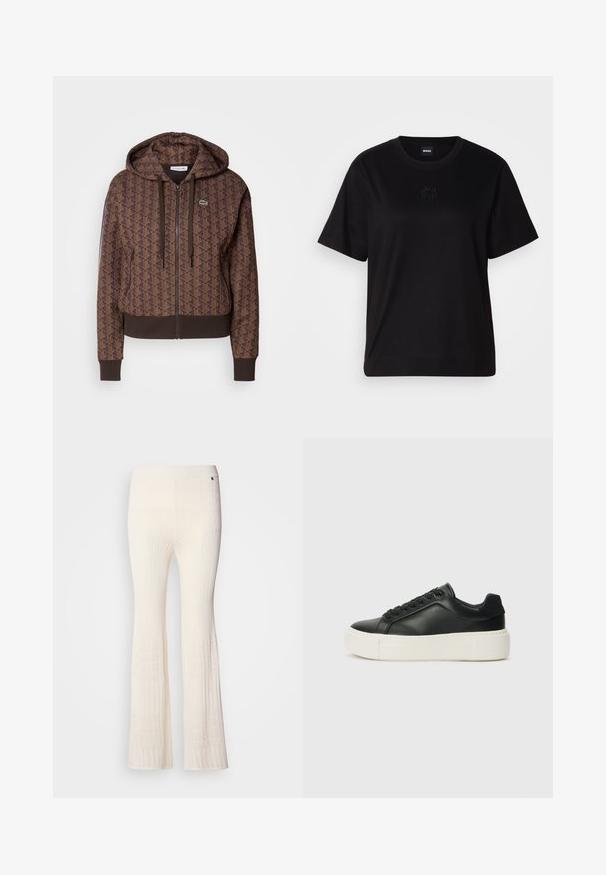 Bruine zip-up hoodie met een overal geometrisch patroon, verstelbare trekkoorden, ribbelboorden en een contrasterende zoom. Lacoste-logo op de borst.; Zwarte katoenen t-shirt met een ronde hals, korte mouwen en een geborduurd logo op de borst. Eenvoudige, comfortabele pasvorm zonder patronen.; Geribbelde, crèmekleurige gebreide broeken met wijde benen en een textuurpatroon van kant aan de onderzoom. Zacht materiaal met een aansluitende tailleband.; Zwarte leren sneaker met een ronde neus, witte platformzool en zwarte veters. Bevat een subtiele logo op de hiel en een gladde textuur.
