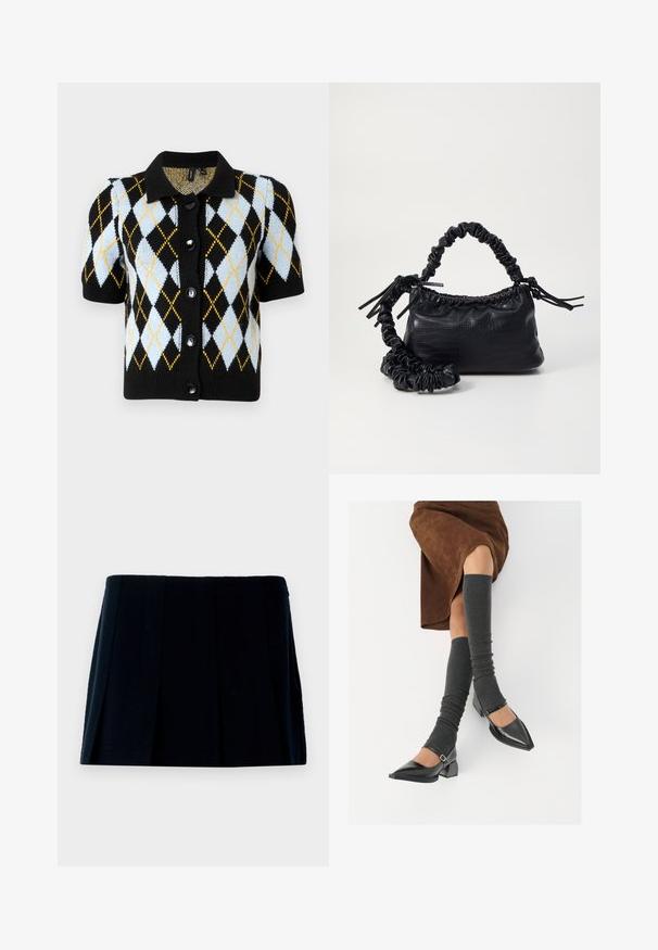Black short-sleeve cardigan with a collared neckline, featuring a diamond pattern in light blue, black, and yellow. Five black buttons.; White button-up shirt made of smooth cotton, featuring a classic collar, long sleeves, and a curved hem. Buttons are small and white.; Black pleated mini skirt made of fabric. Features a straight waistband and multiple vertical folds for shape and texture.; Black patent leather pointed-toe shoes with a block heel and ankle strap, paired with gray ribbed leg warmers and a brown suede skirt.; Black faux leather handbag with a crocodile texture, cinched top, and a scrunched strap. Appears soft and compact in design.