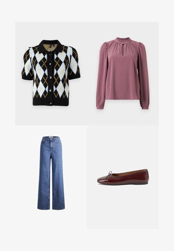 Černý kardigan s krátkým rukávem a límečkem, který má diamantový vzor v světle modré, černé a žluté. Pět černých knoflíků.; Halenka s dlouhým rukávem v barvě mauve, s nařaseným límcem, výstřihem ve tvaru klíče se zapínáním na knoflík a mírně našitými rameny.; Svetle modré denimové široké kalhoty s vysokým pasem, dvěma předními kapsami a viditelným švem. Obsahují knoflíkový a zipový uzávěr.; Burgundské lakové baleríny s kulatou špičkou, malou mašlí vpředu a nízkou černou gumovou podrážkou. Hladký povrch.
