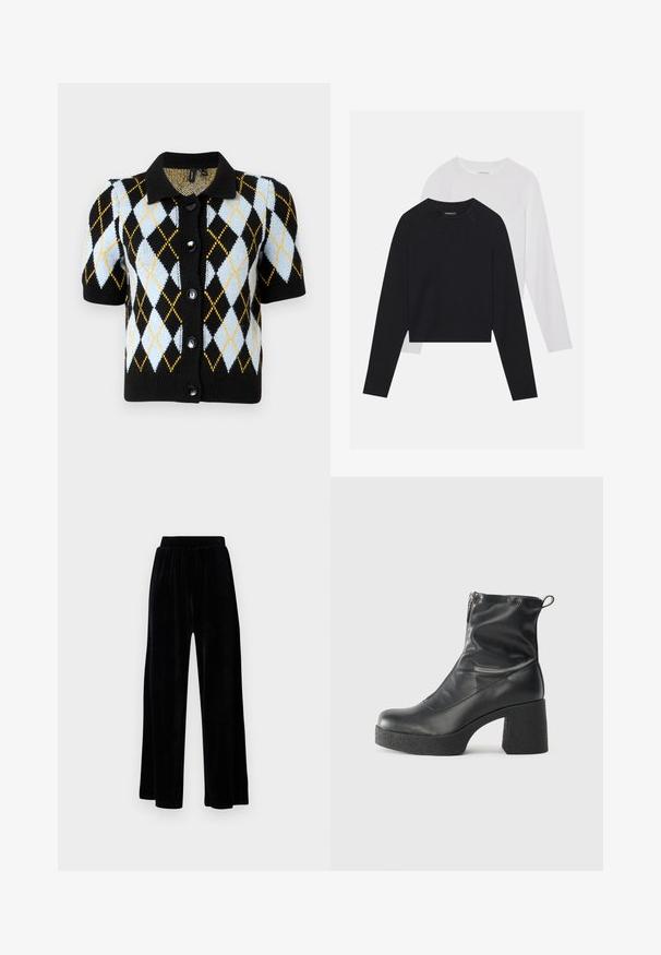 Juodas trumpas rankovės kardiganas su apykakle, puikuojantis deimanto raštu šviesiai mėlynos, juodos ir geltonos spalvų. Penki juodi mygtukai.; Du dušo ilgomis rankovėmis marškiniai: vieni juodi, kiti balti. Abu marškiniai turi apvalų iškirpimą, raglan tipo rankoves ir minkštą medvilnės mišinio audinį.; Juoda plataus kirpimo kelnių pora, pagaminta iš minkštos velveto medžiagos, su elastingu juosmeniu ir glotnia tekstūra, be matomų detalių ar raštų.; Juodos kulkšninių botai, pagaminti iš lygaus odos, su šoniniu užtrauktuku, masyviu tekstūruotu kulnu ir apvaliu pirštu.