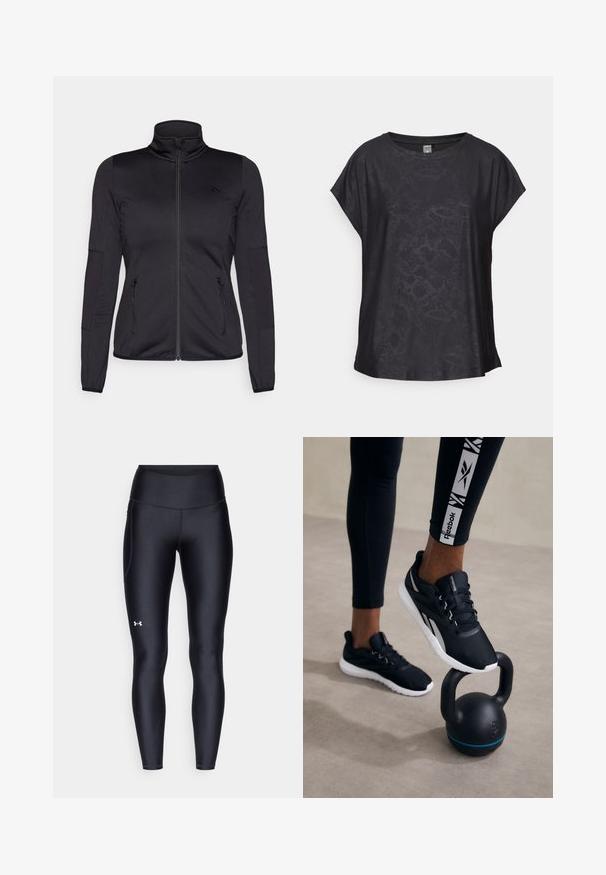 Musta vetoketjullu takki korkealla kauluksella, valmistettu sileästä ja joustavasta kankaasta, jossa on kaksi vetoketjullista etutaskua ja teksturoituja hihoja.; Mustapaitainen lyhythihainen paita sileästä kankaasta, jossa on hienovarainen matelijakuosi, pyöreä pääntie ja löysä istuvuus liikkumisen helppouteen.; Mustat legginsit, jotka on valmistettu sileästä ja venyvästä materiaalista, korkealla vyötäröllä. Vasemmassa reidessä on valkoinen logo ja istuva muotoilu.; Musta urheilukenkä, jossa on tekstuuri päällinen, valkoinen pohja ja harmaat yksityiskohdat, asetettuna mustan kettlebellin päälle, jossa on sininen raita, neutraalilla taustalla.
