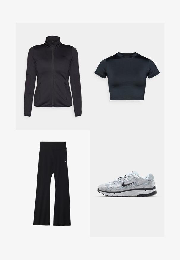 Svart zip-up jakke med høy krage, laget av glatt, elastisk stoff, med to glidelås-lommer foran og teksturerte ermer.; Kortermet cropped topp i mørk marineblå, laget av glatt, stretchstoff. Har rund hals og minimale sømdetaljer. Ingen synlige logoer.; Sorte, flagrende yogabukser i elastisk materiale, med bred linning og en liten logo nær hoften. Glatt tekstur, uten mønstre.; Nike P-6000 sneakers med en lys grå mesh-overdel, sorte detaljer og en slitesterk svart gummisåle. Har et intrikat design og snøresystem.