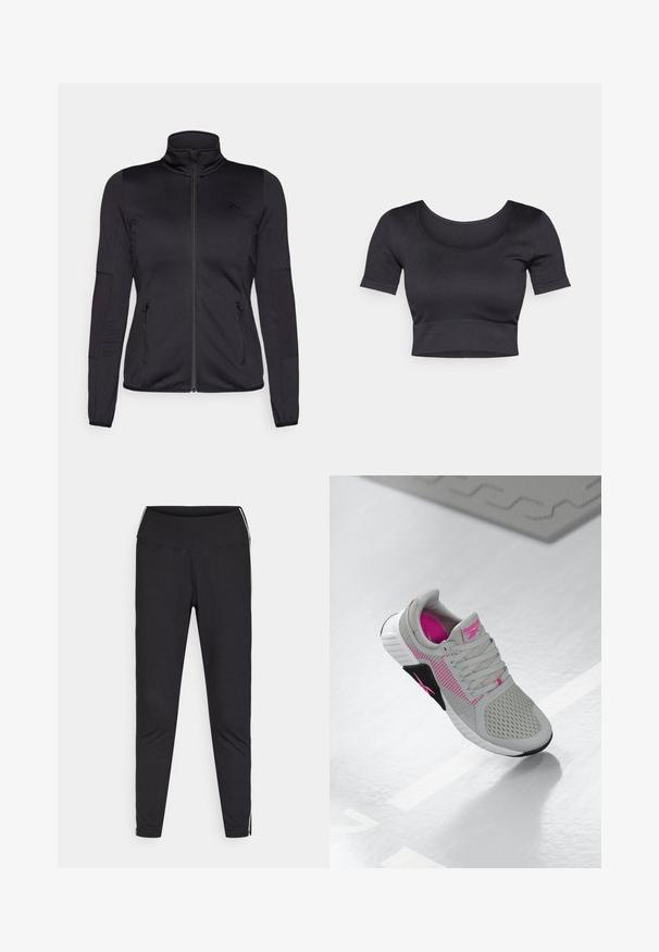Fekete cipzáras dzseki magas gallérral, sima, rugalmas anyagból készült, elöl két cipzáras zsebbel és texturált ujakkal.; Fekete bordás, rövid ujjú cropped top, széles, kerek nyakkivágással és illeszkedő pánttal az alján. Puha textúra, laza dizájn.; Fekete leggings rugalmas anyagból. Magas derék, szűkített fazon, fehér oldalcsíkokkal a külső varrások mentén. Sima felület.; Szürke és rózsaszín Reebok sportcipő, hálós felső résszel és részletes talppal, tükröződő fehér felületen kiállítva.